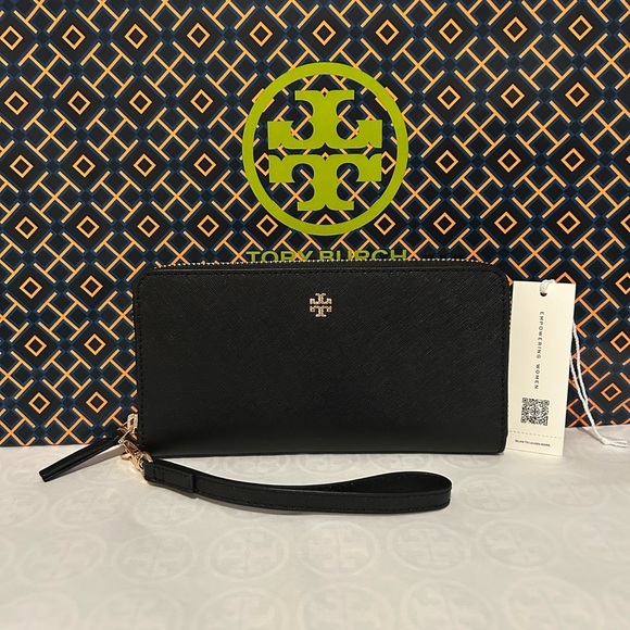 Tory Burch Emerson Wristlet Zip Continental Wallet Black Gold - Picture 1 of 10